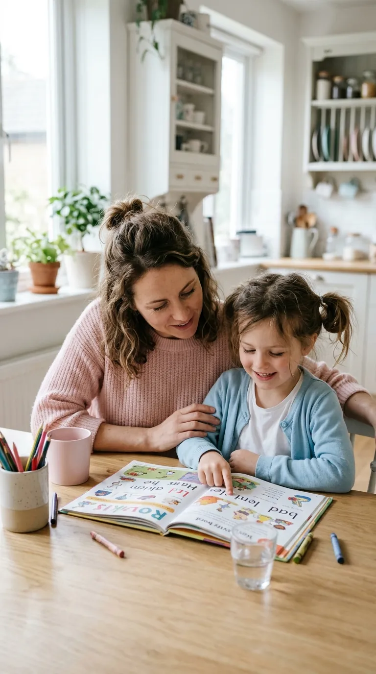 Mãe e filha sorrindo enquanto leem juntas um livro na mesa da cozinha