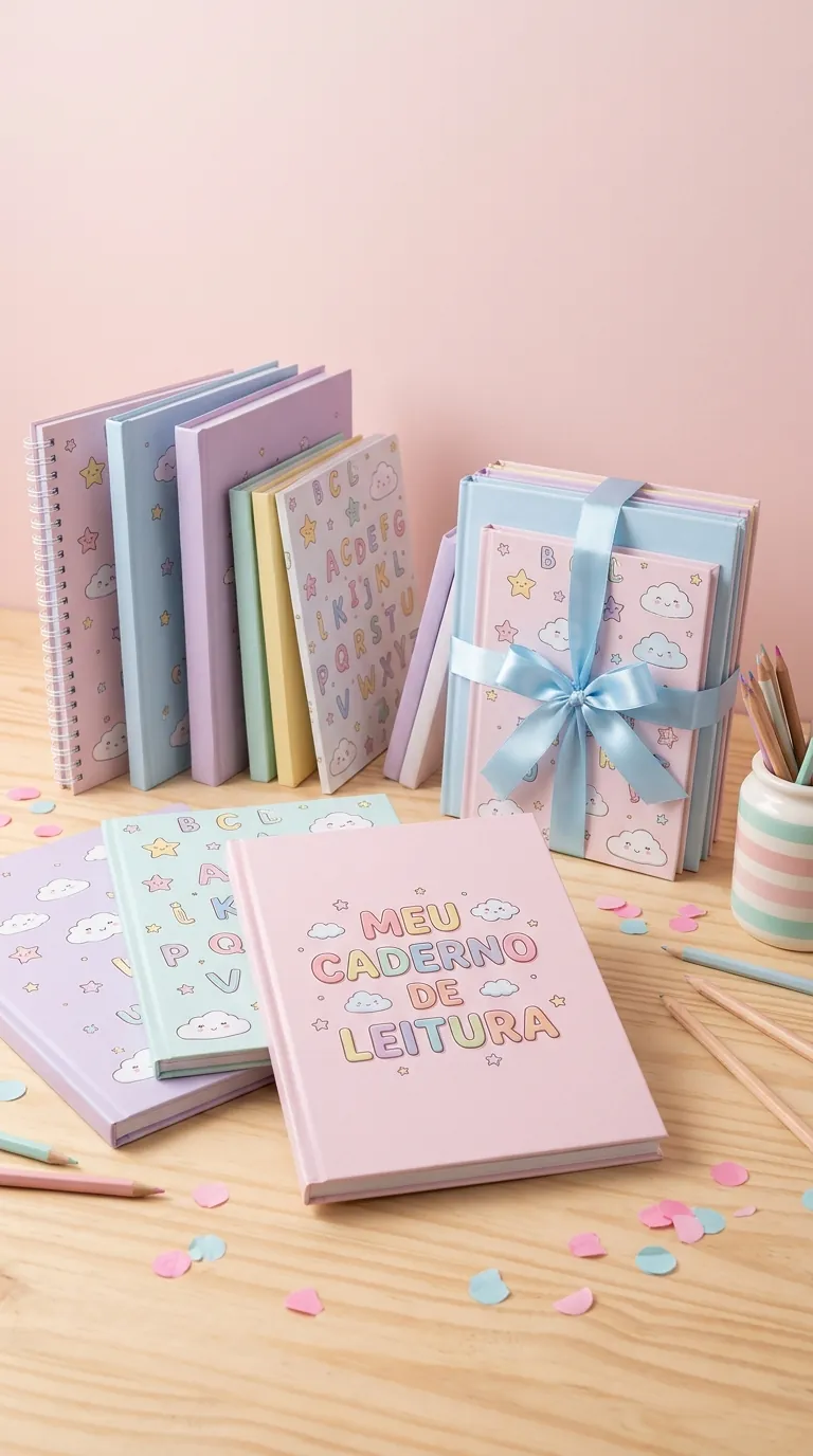 Cadernos em tons pastel com capas de nuvens, estrelas e letras, um deles com o título Meu Caderno de Leitura e uma pilha amarrada com laço azul