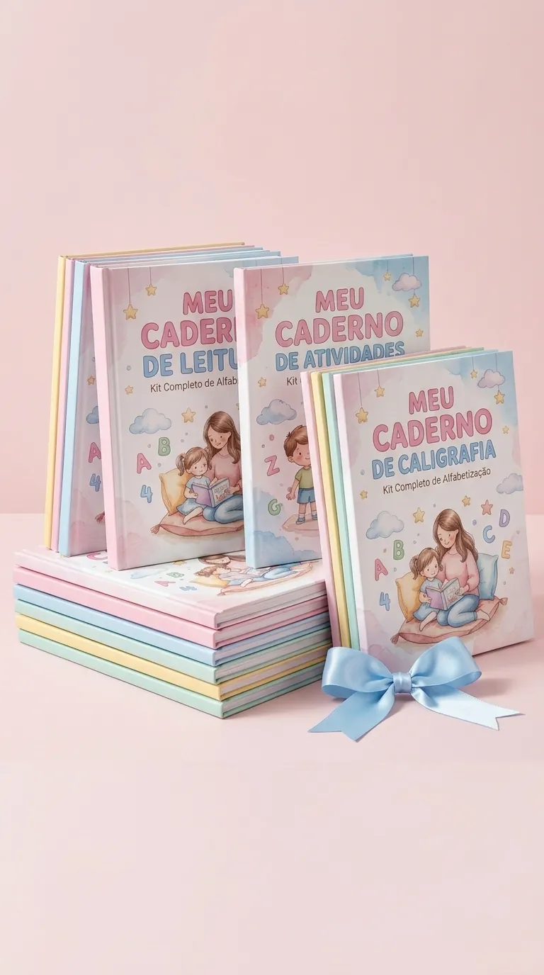 Coleção de cadernos e apostilas em tons pastel empilhados, com um laço de fita azul